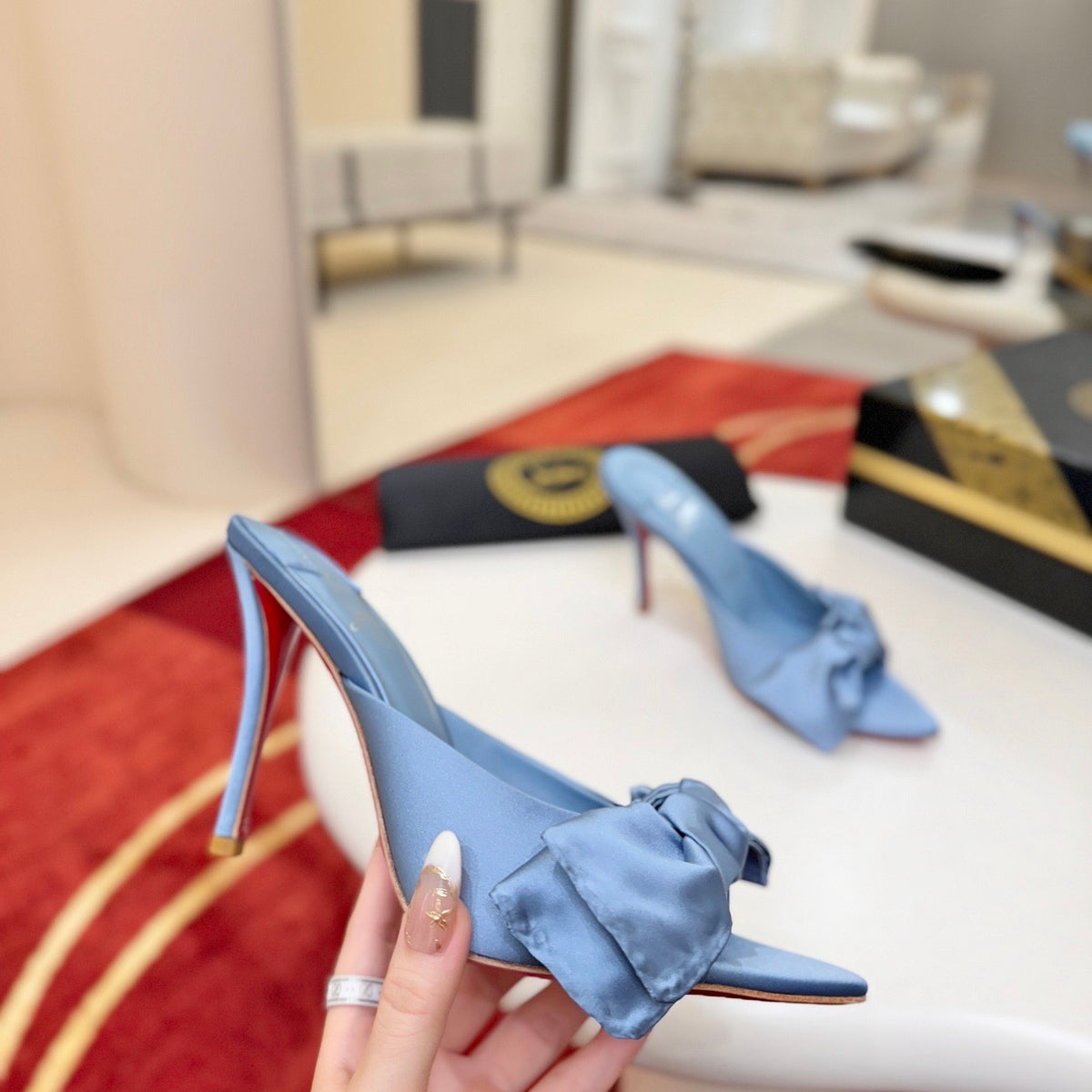 Blue silk taffeta bow-detail high-heeled mules