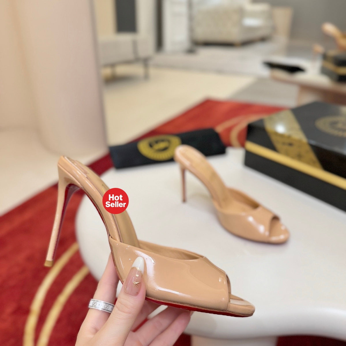 Beige patent leather peep-toe high-heeled mules, 10cm heel.