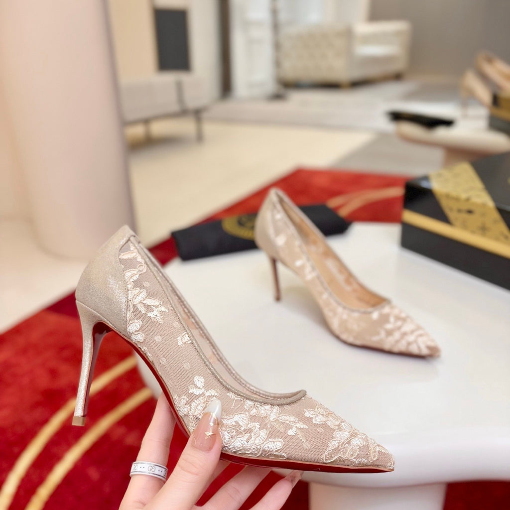 Apricot lace high heels, 8.5cm heel.