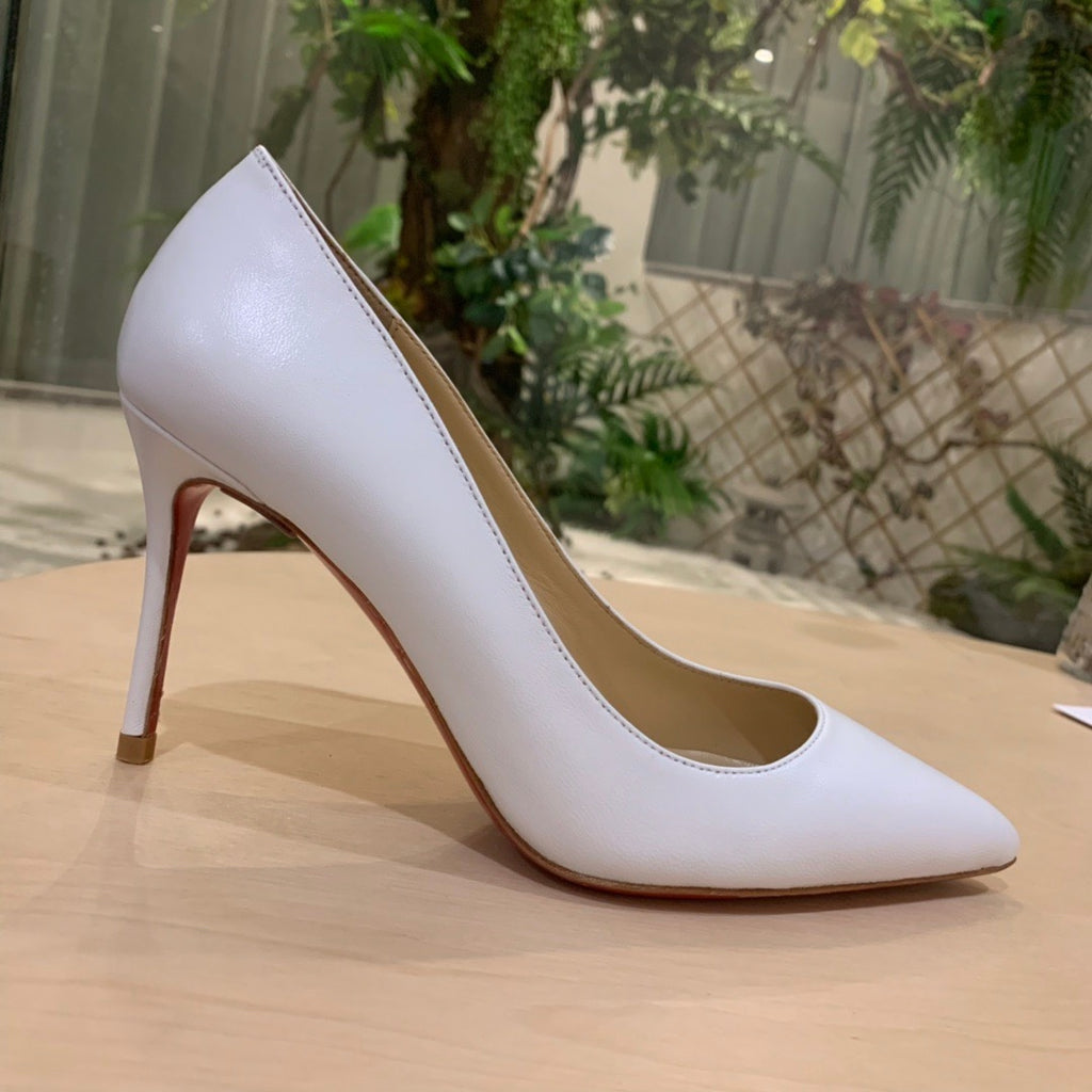 White cowhide high heels, 8.5cm heel.