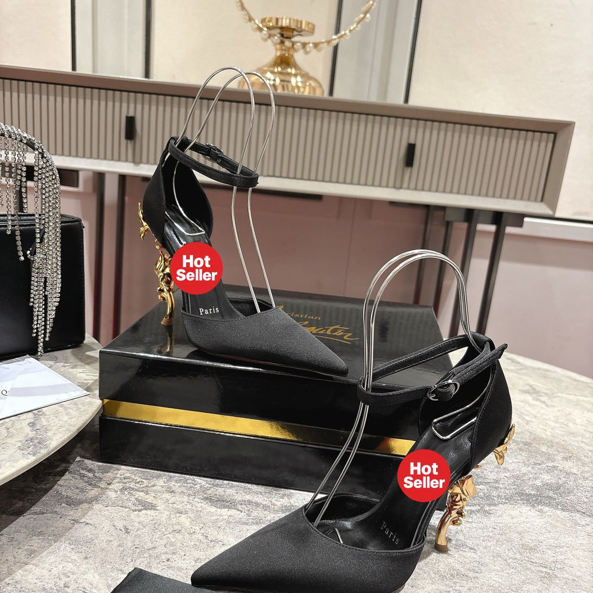 Stylish rose-adorned high heels in faux suede, with a 10cm heel.