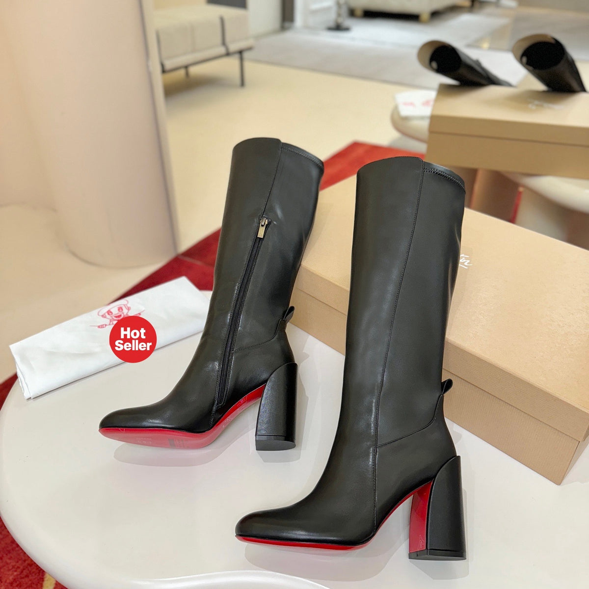 Premium black leather tall boots, 8.5cm heel.