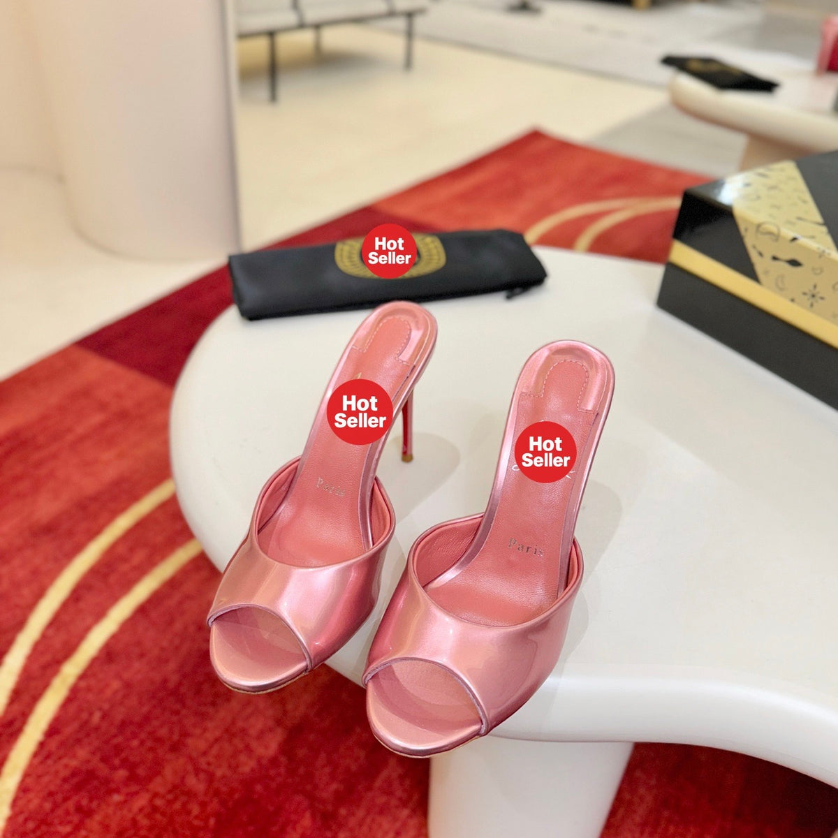 Peep-toe high-heeled mules, 10cm heel.