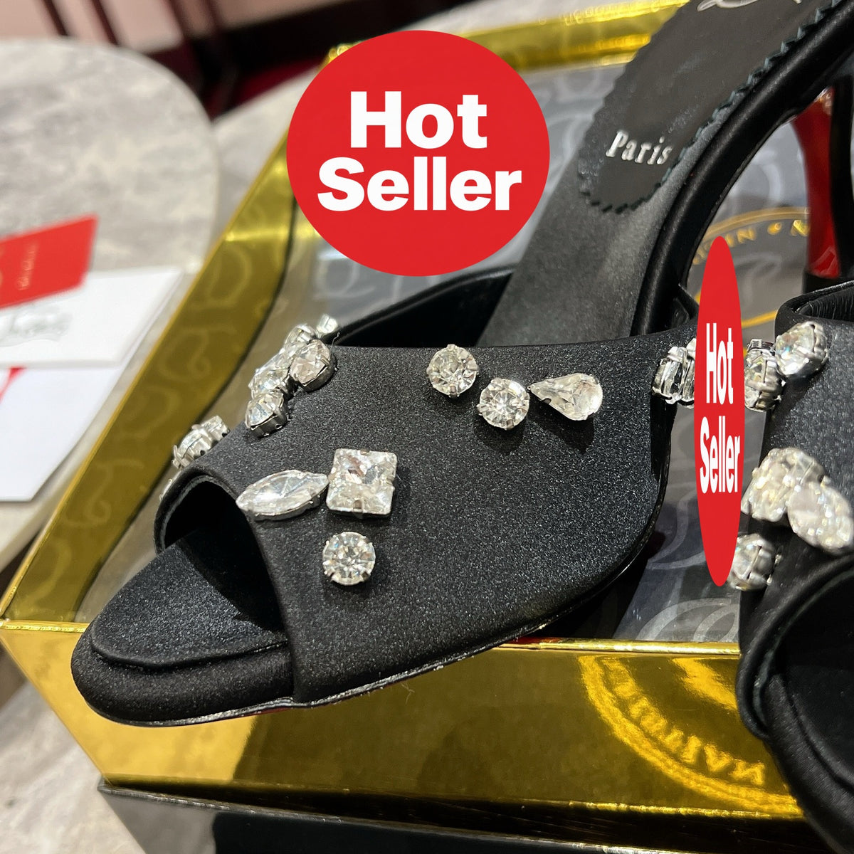 Crystal high-heeled mules, 8.5cm heel.