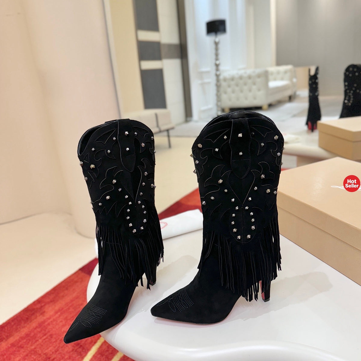 Classic black runway boots, 8.5cm heel.
