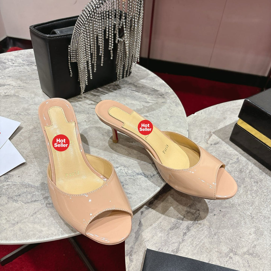 Apricot patent cowhide high-heeled mules, 8.5cm heel.