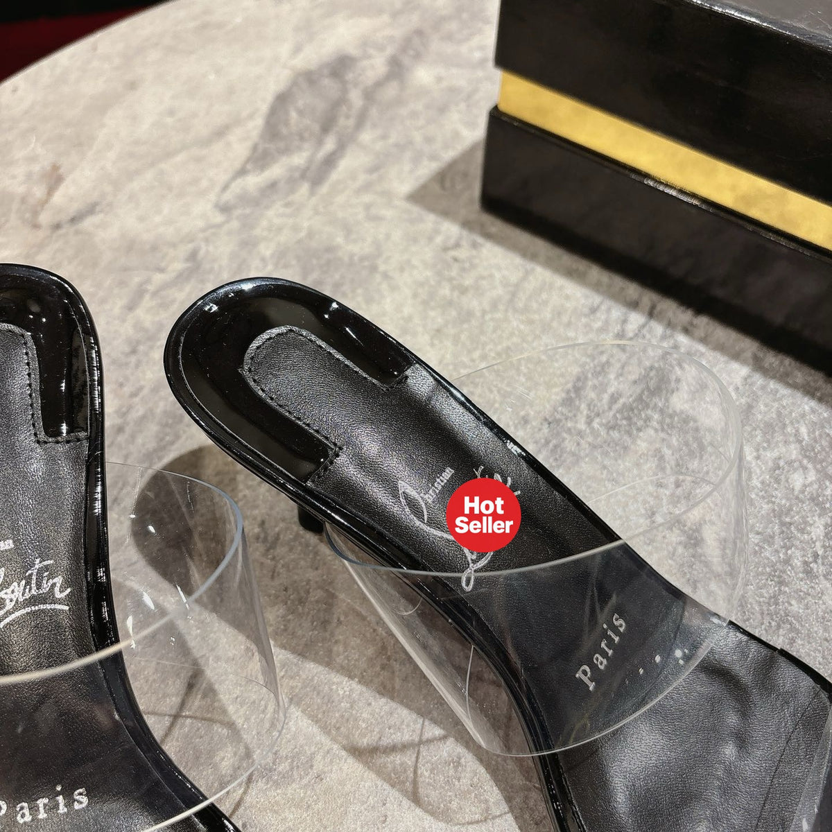 Clear high-heeled mules, 8.5cm heel.