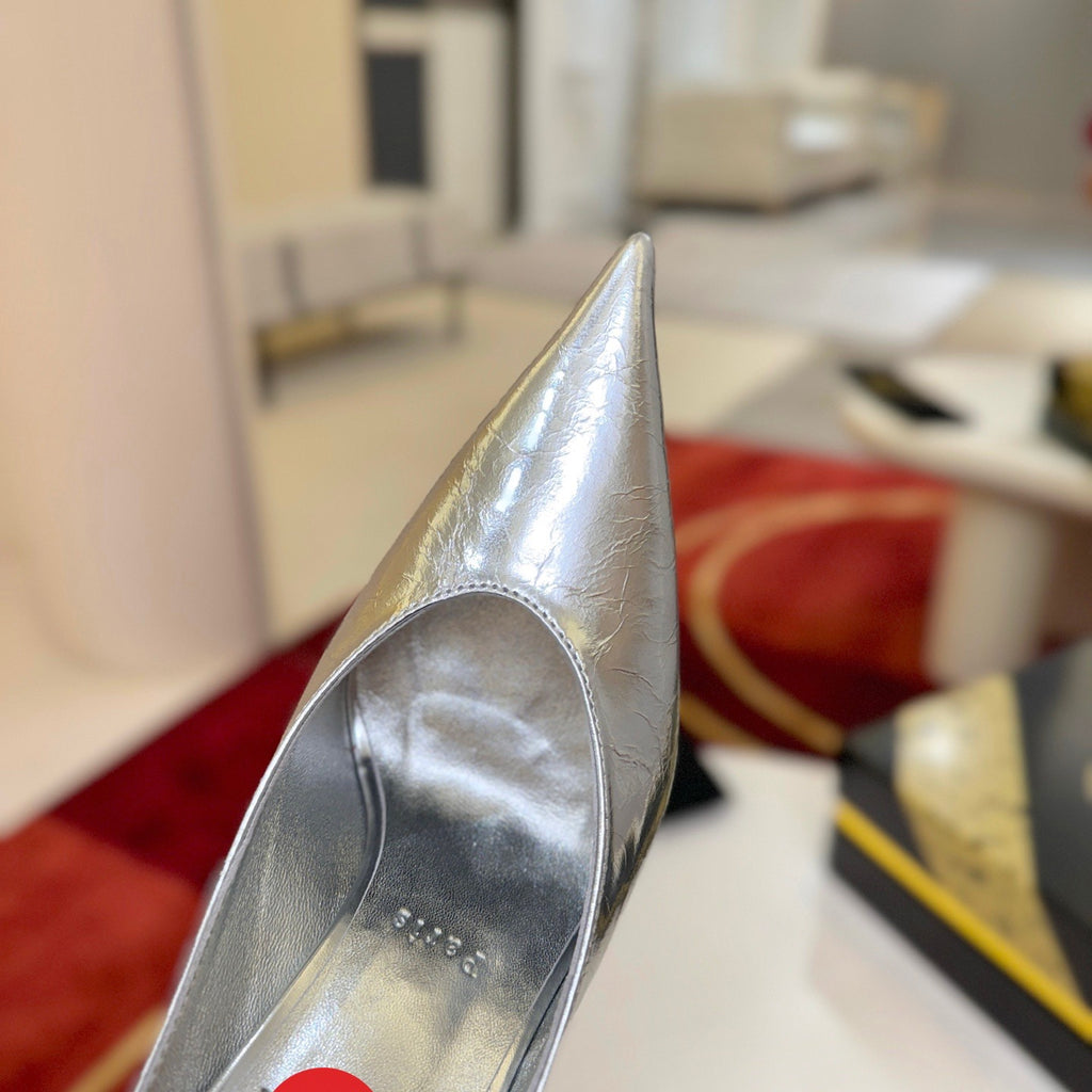 Silver leather high-heeled mules, 10cm heel.