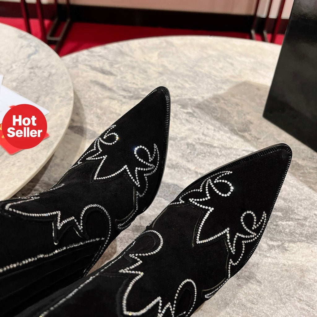 Black suede long boots, 8.5cm stiletto heels.