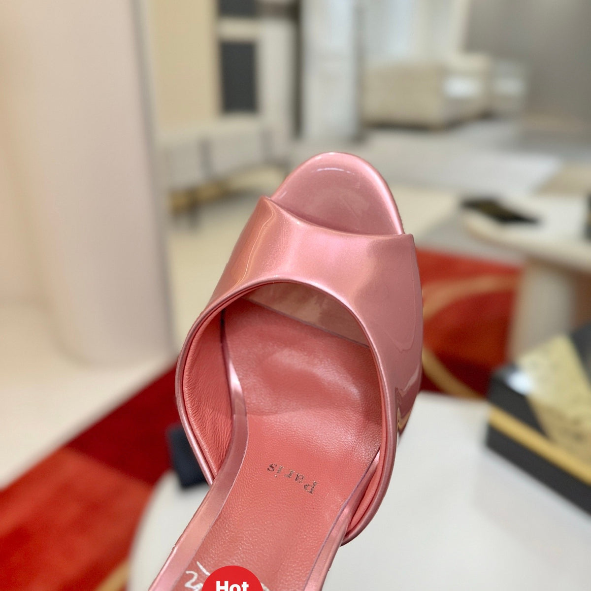 Peep-toe high-heeled mules, 10cm heel.
