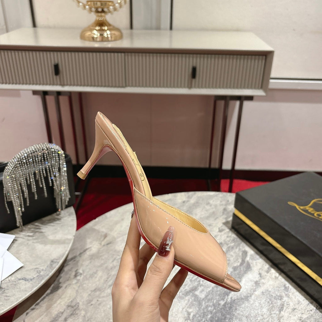 Apricot patent cowhide high-heeled mules, 8.5cm heel.
