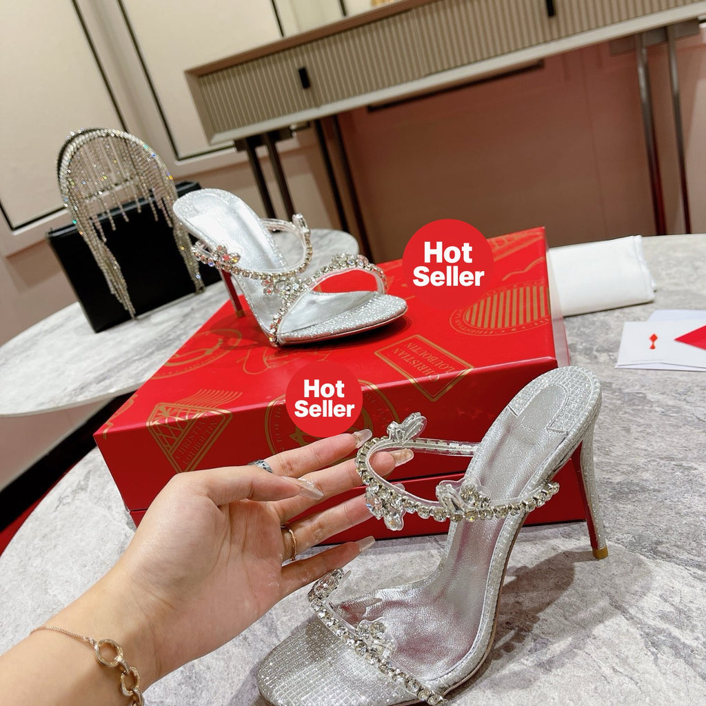 Crystal single-strap sandals, 10cm heel.