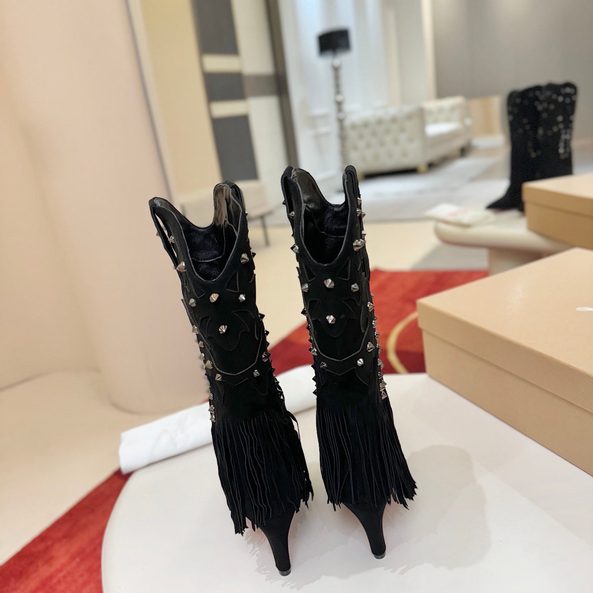 Classic black runway boots, 8.5cm heel.