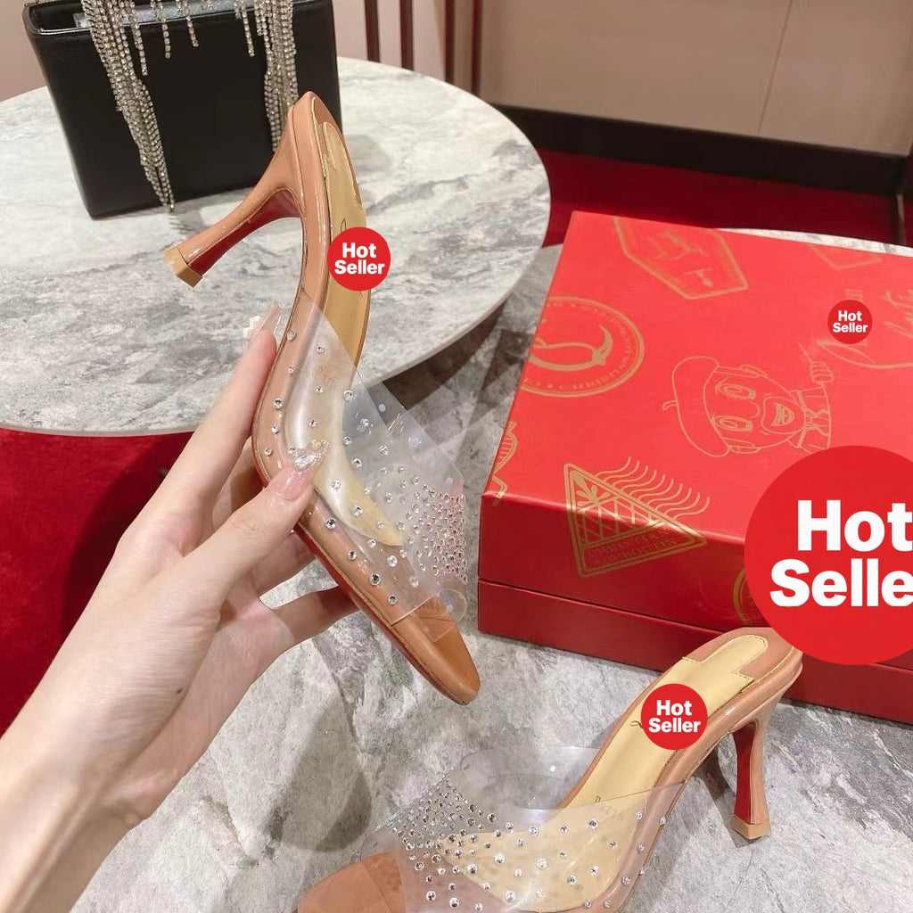 Clear-strap peep-toe high-heeled mules (8cm heel)