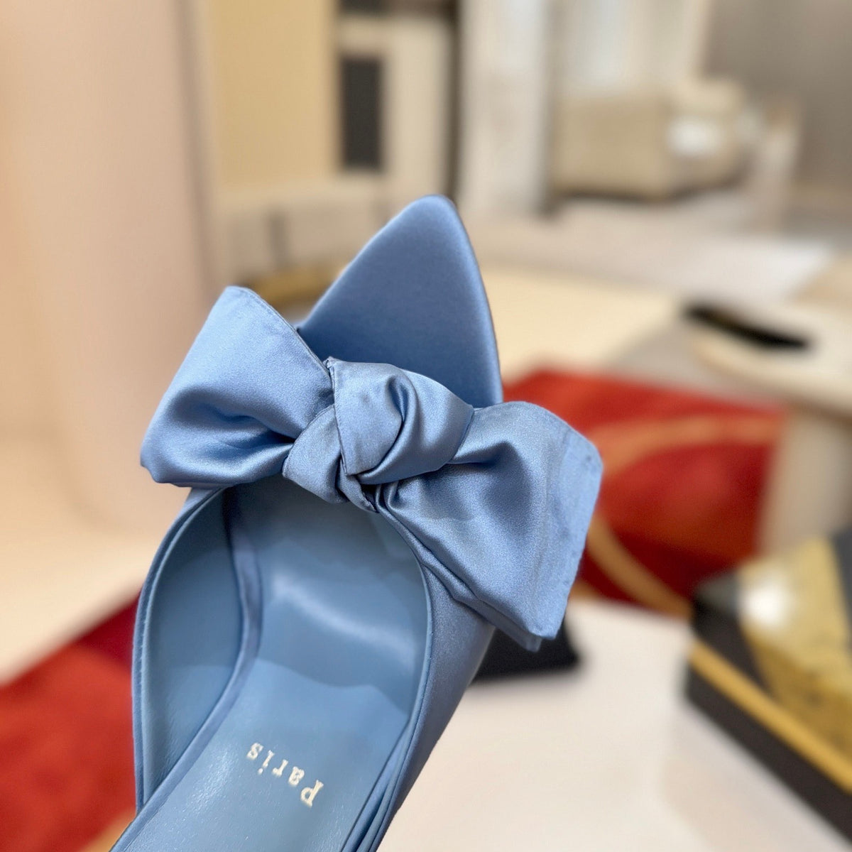 Blue silk taffeta bow-detail high-heeled mules