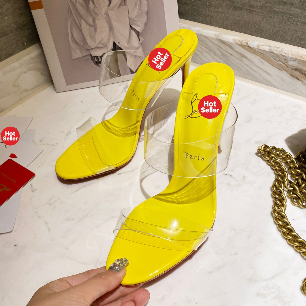 Yellow translucent high-heeled mules, 10cm heel.