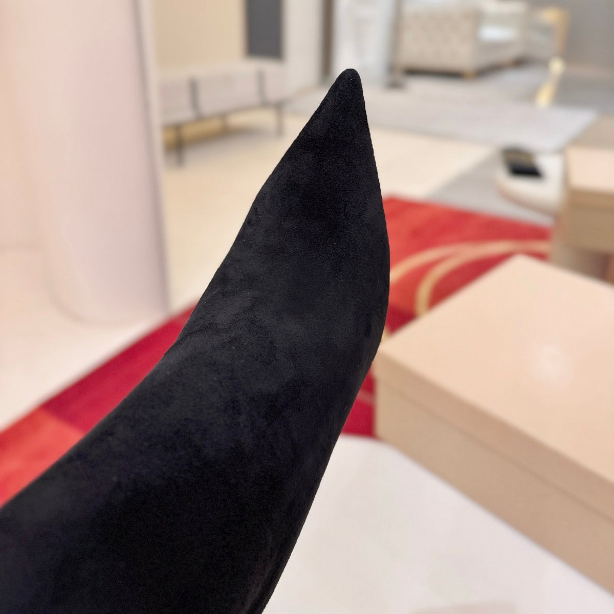 Black calf-hair high-heeled tall boots, 10cm heel.