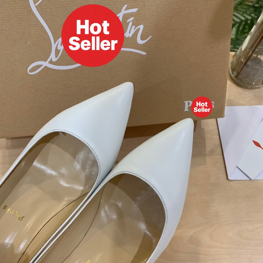 White cowhide high heels, 8.5cm heel.