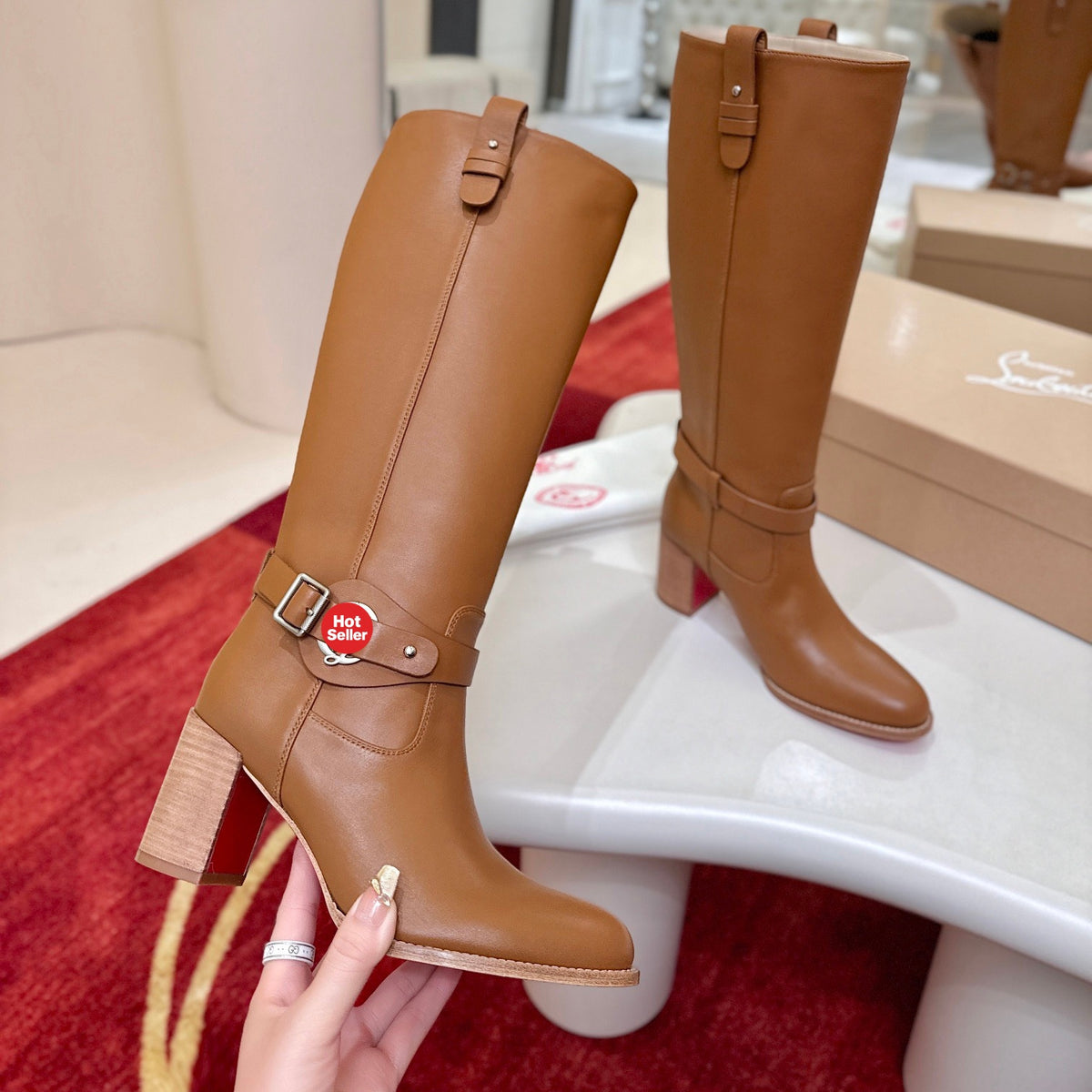 Brown calfskin tall boots, 7cm heel.