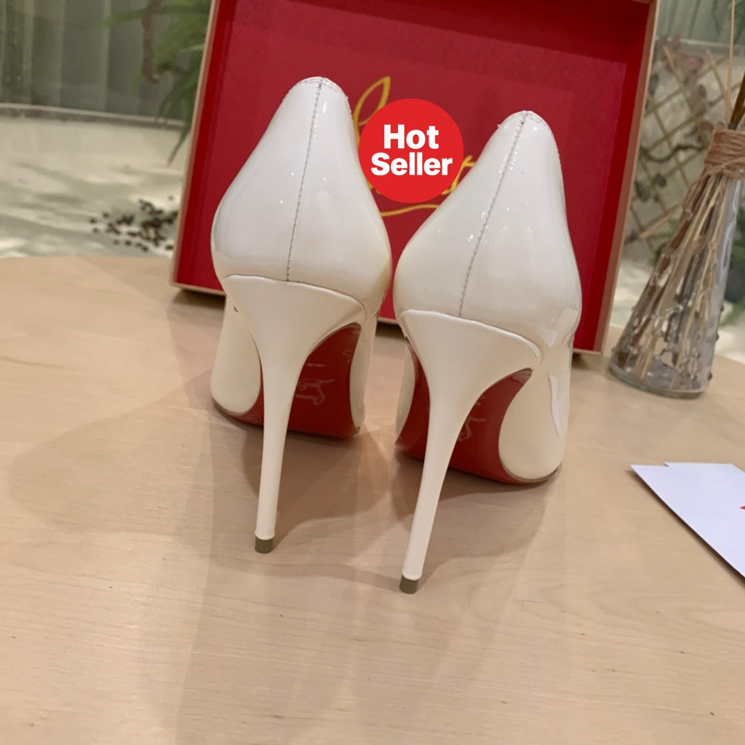 White patent cowhide high heels, 10cm heel.