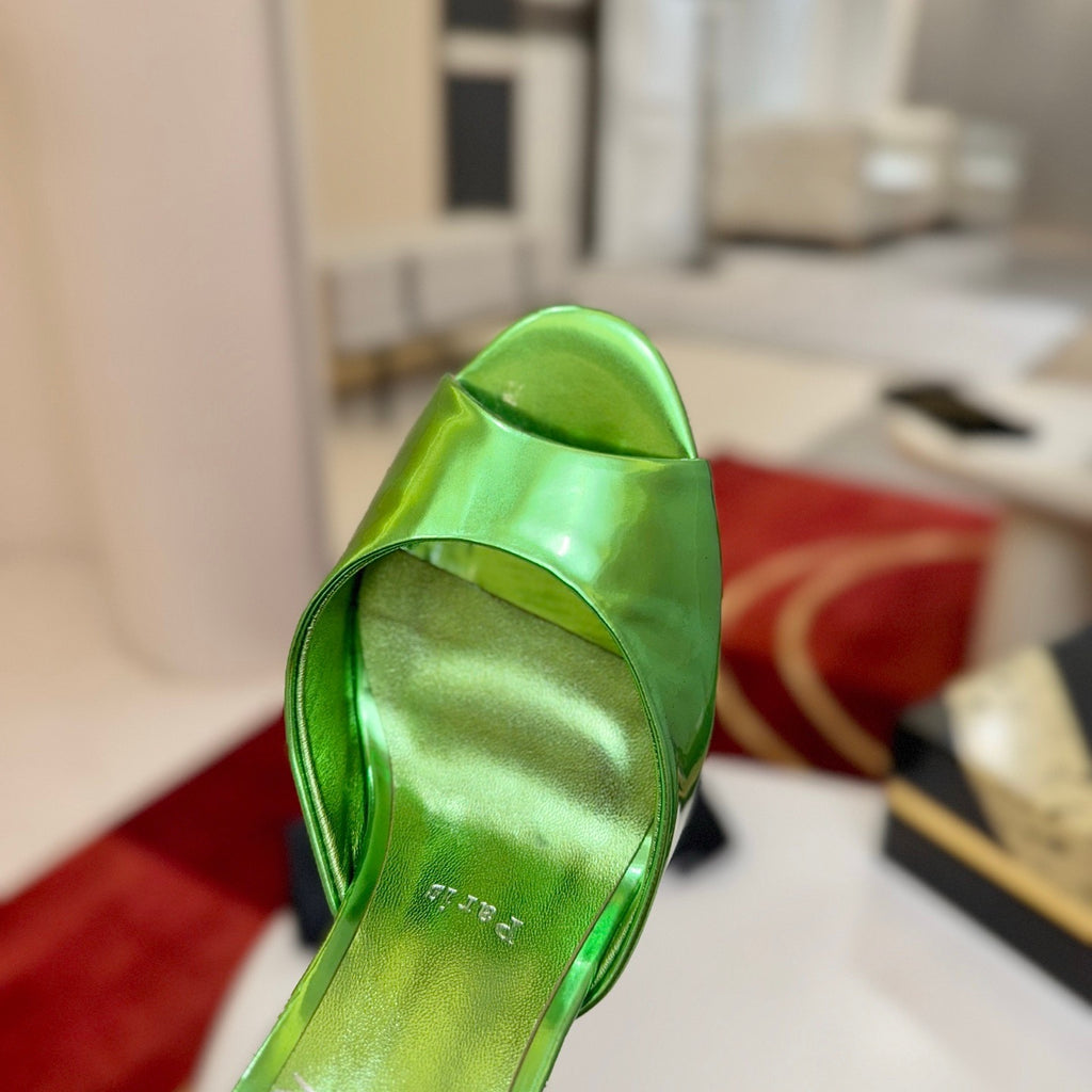 Green peep-toe high-heeled mules, 10cm heel.