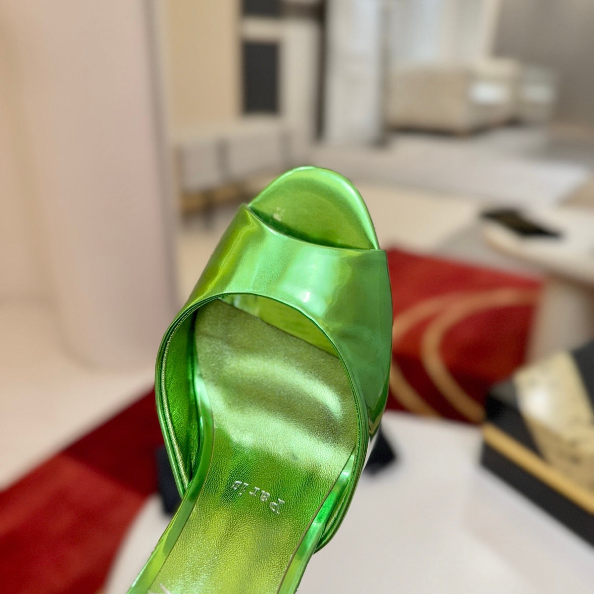 Green peep-toe high-heeled mules, 10cm heel.