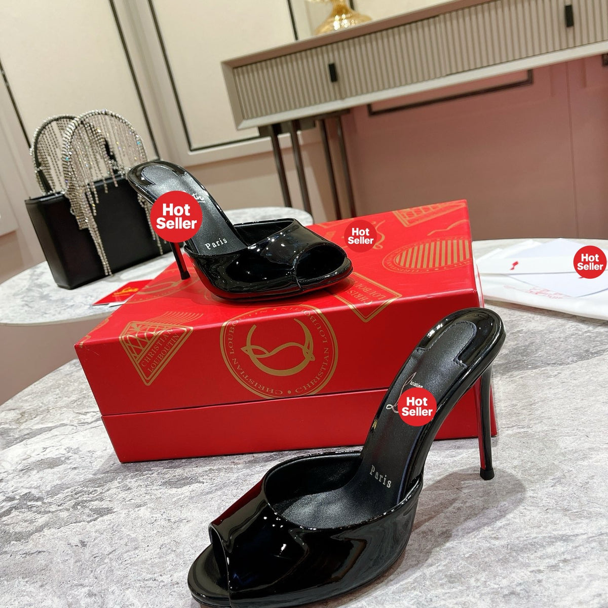 Black patent leather peep-toe high-heeled mules, 10cm heel.
