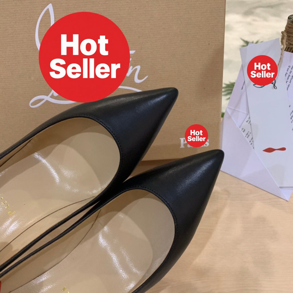 Black cowhide high heels, 8.5cm heel.