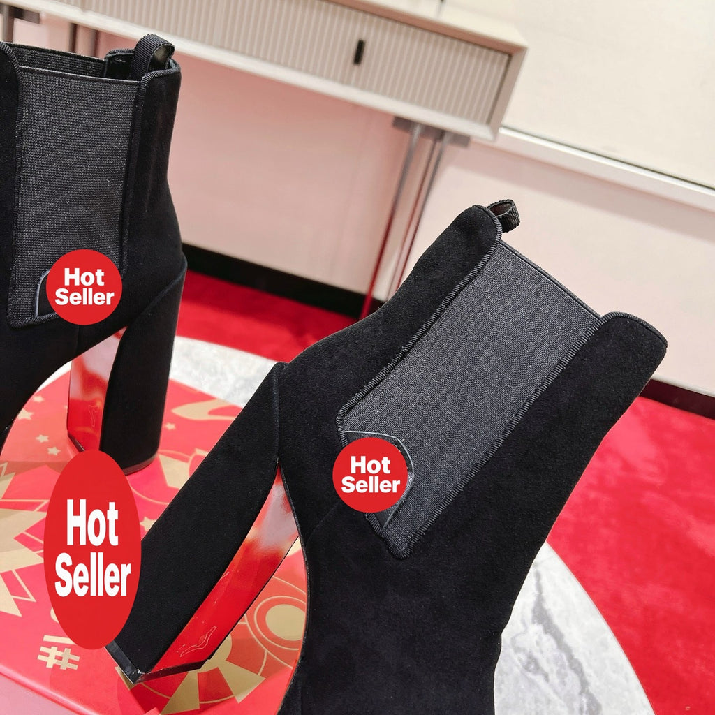Black suede ankle boots, 13cm heel.