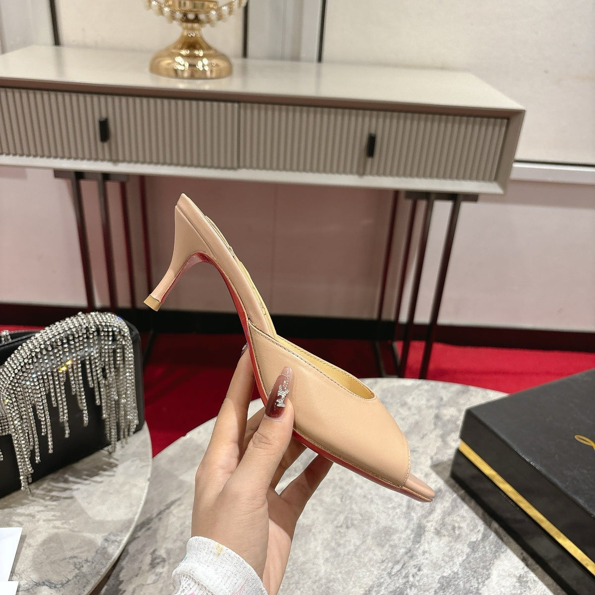 Apricot high-heeled mules, 8.5cm heel.