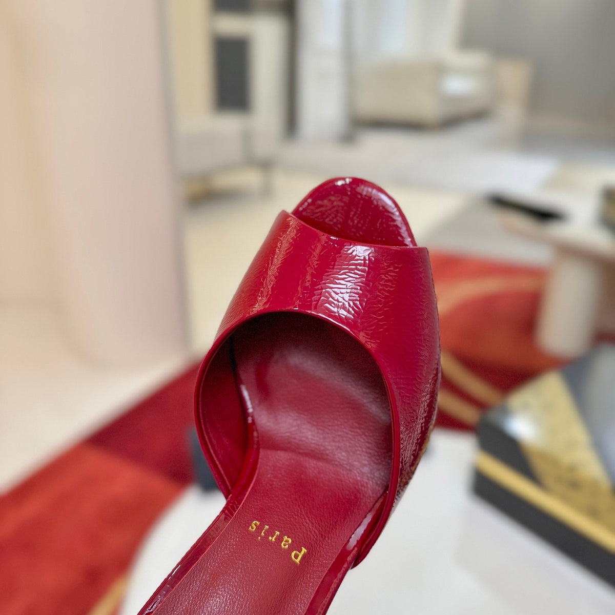 Red patent leather peep-toe high-heeled mules (10cm heel)