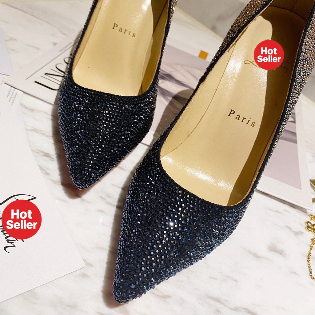 Peacock blue fully rhinestone-encrusted high heels, 10cm heel.