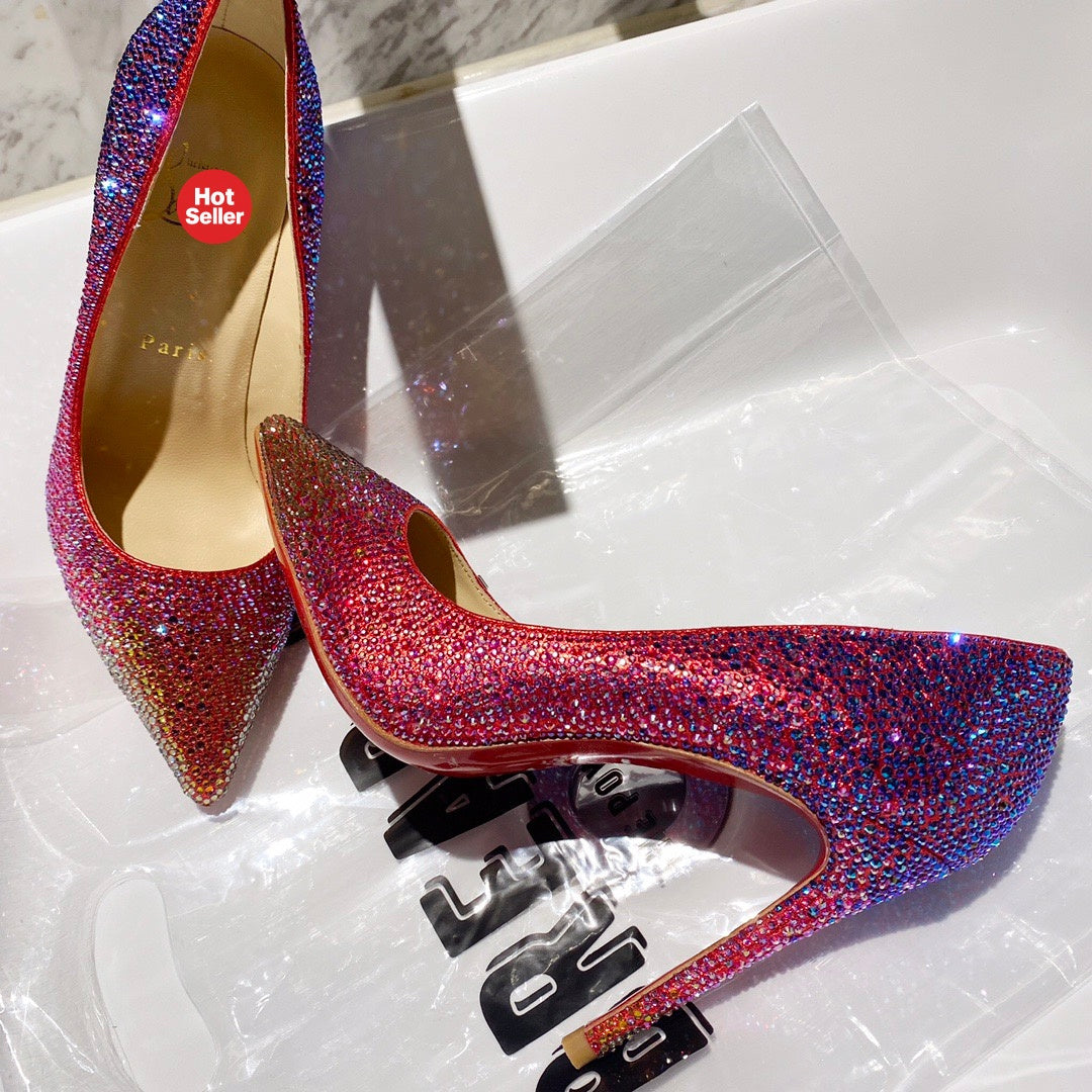 Red fully embellished high heels, 10cm heel.