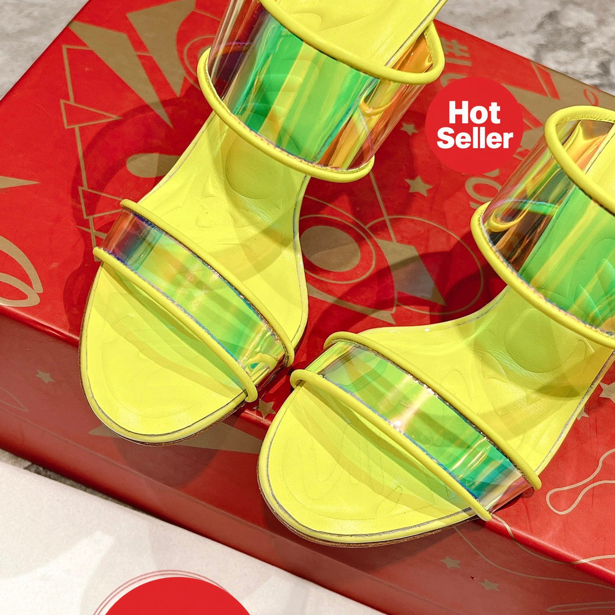 Yellow high-heeled mules, 10cm heel.