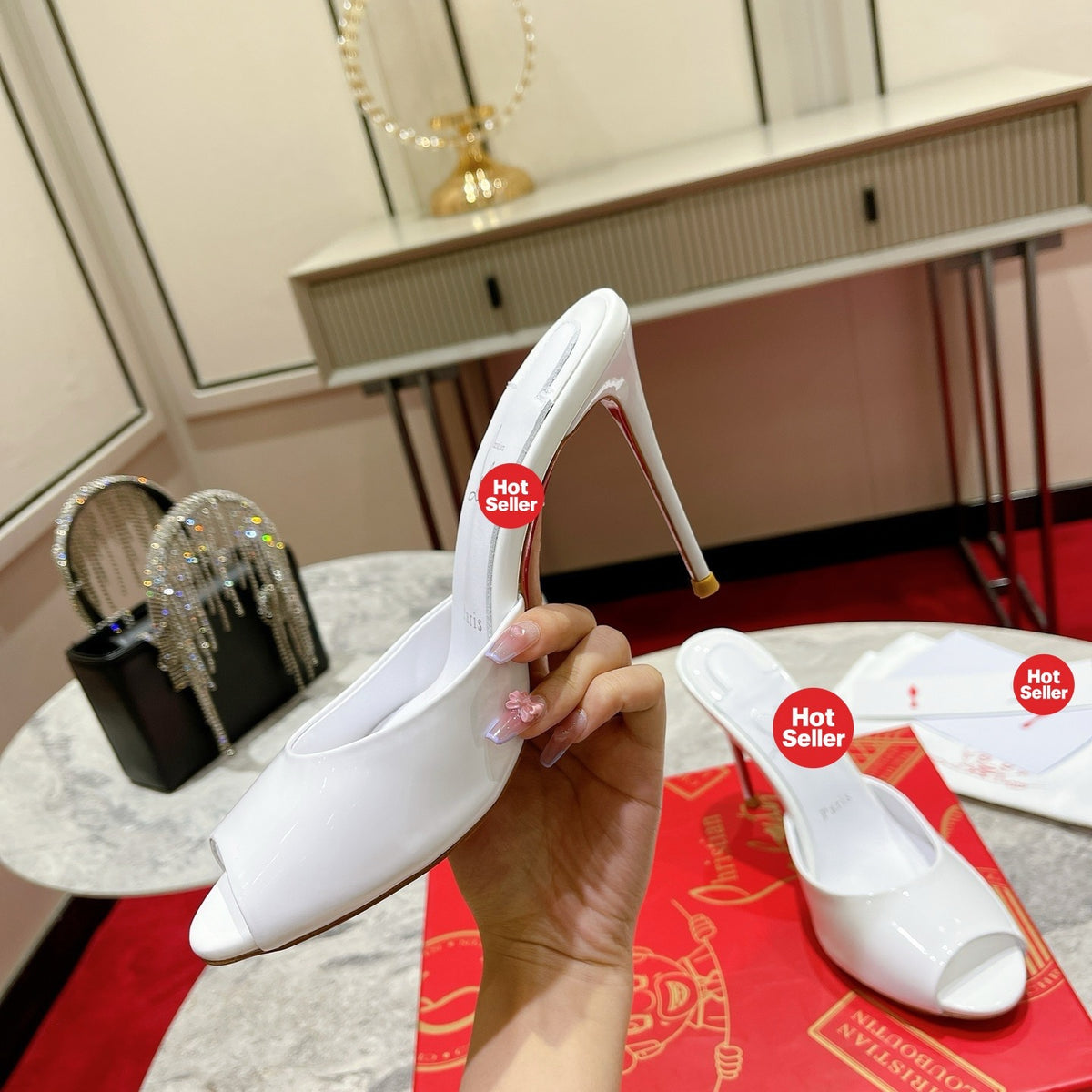 White patent leather peep-toe high-heeled mules, 10cm heel.