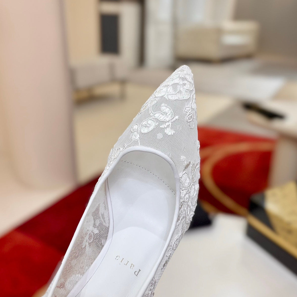 White lace high heels, 8.5cm heel.