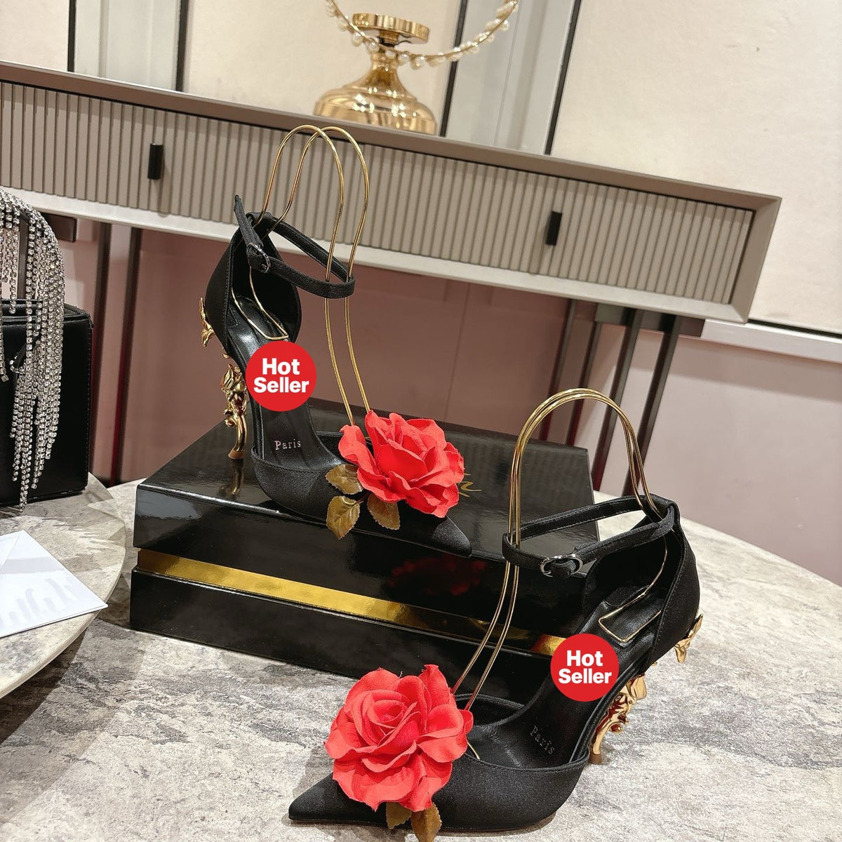 High-heeled shoes featuring a rose design; 10cm heel.