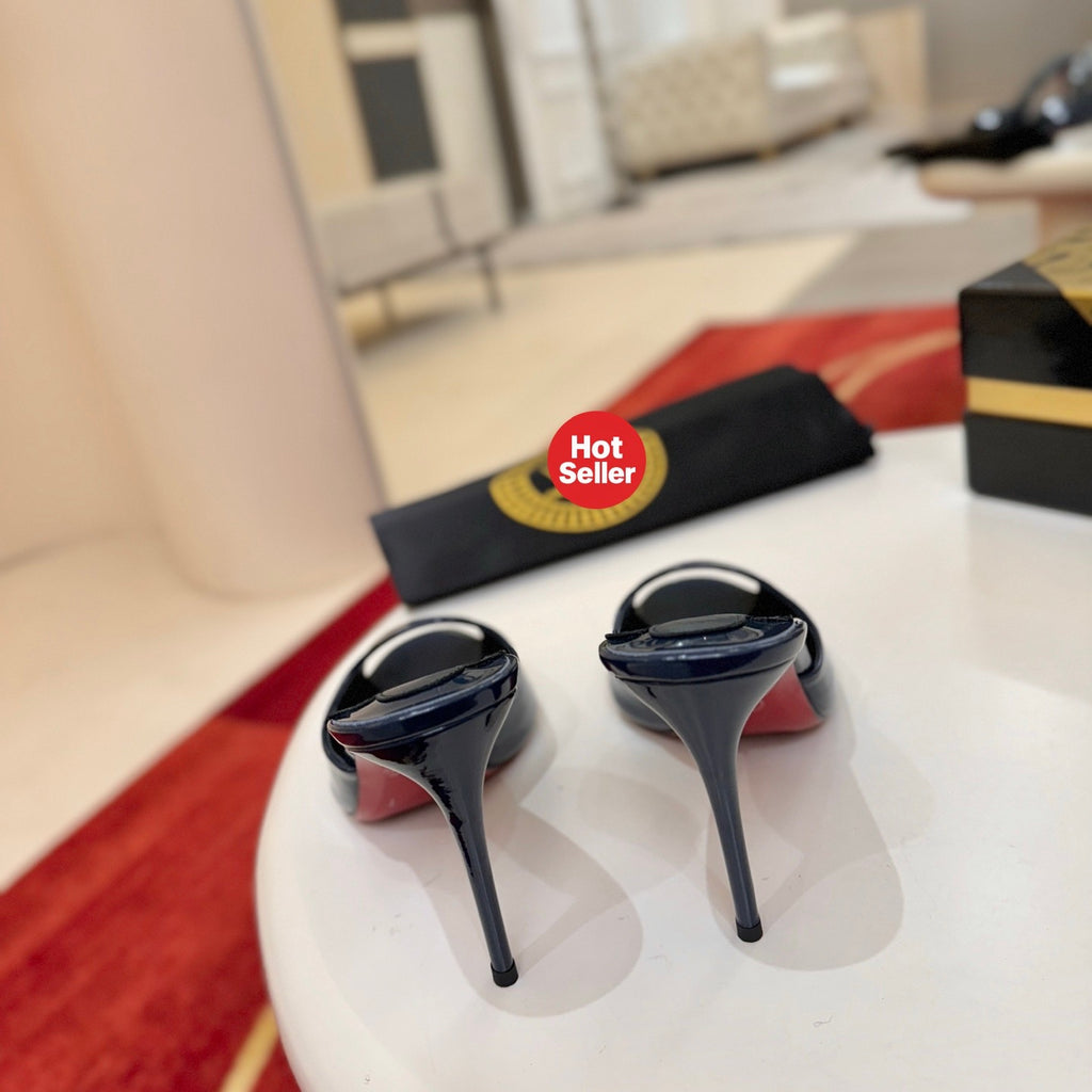 Deep blue patent leather peep-toe high-heeled mules, 10cm heel.