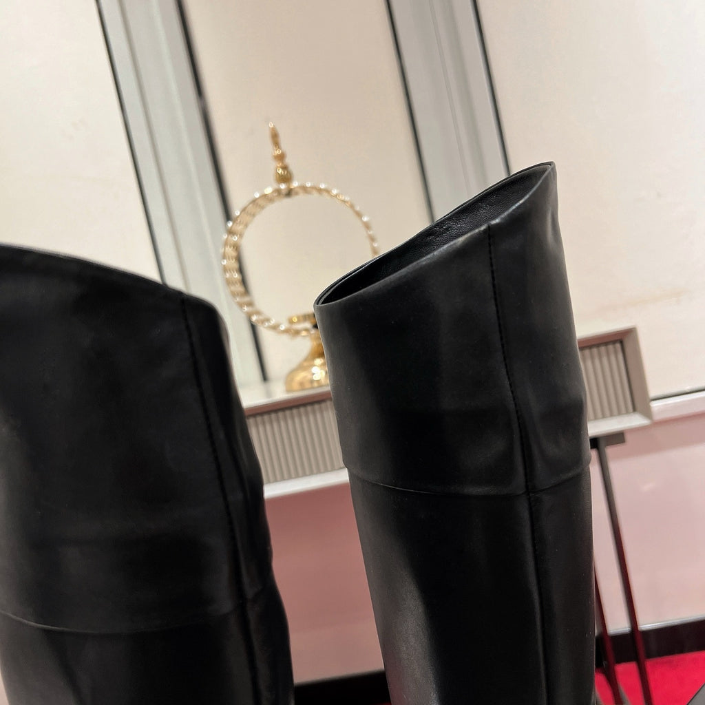 Black leather tall boots, 8.5cm heel.