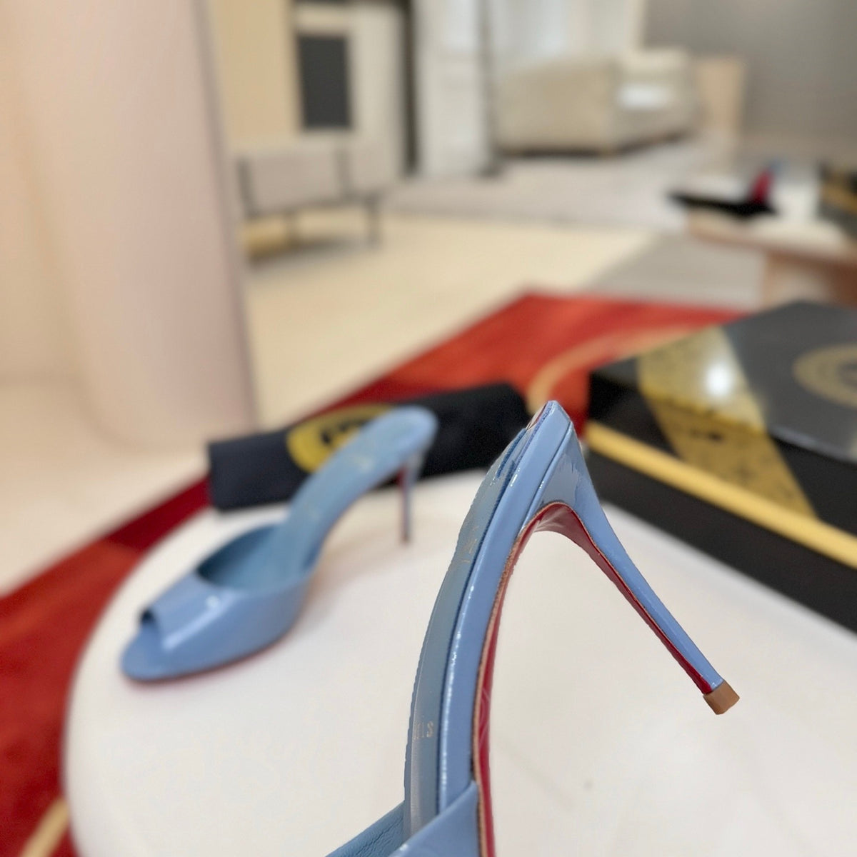 Light blue patent leather peep-toe high-heeled mules (10cm heel)