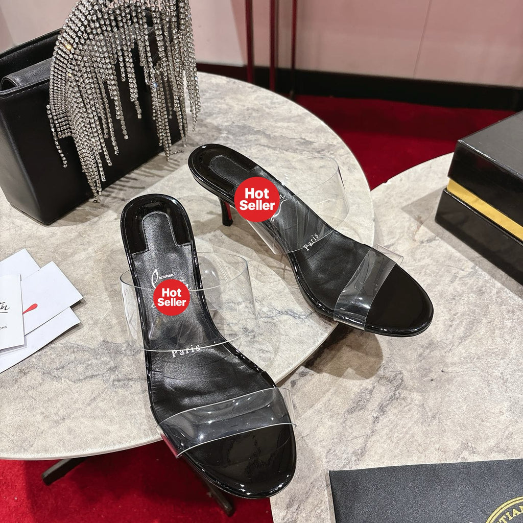 Clear high-heeled mules, 8.5cm heel.