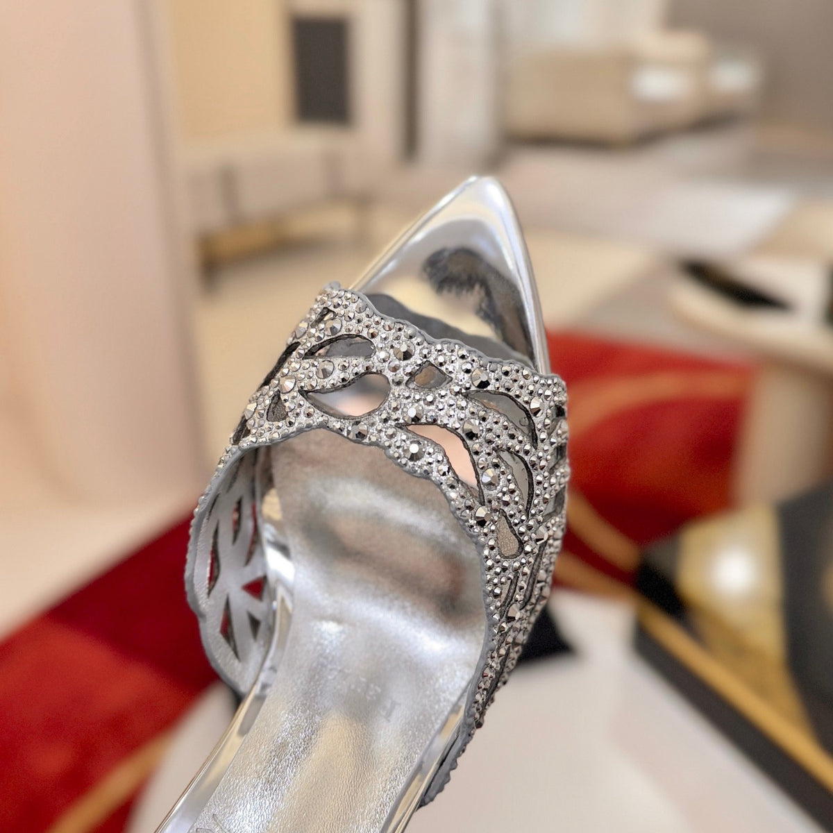 Cut-out fully rhinestone-encrusted high-heeled mules (10cm heel)