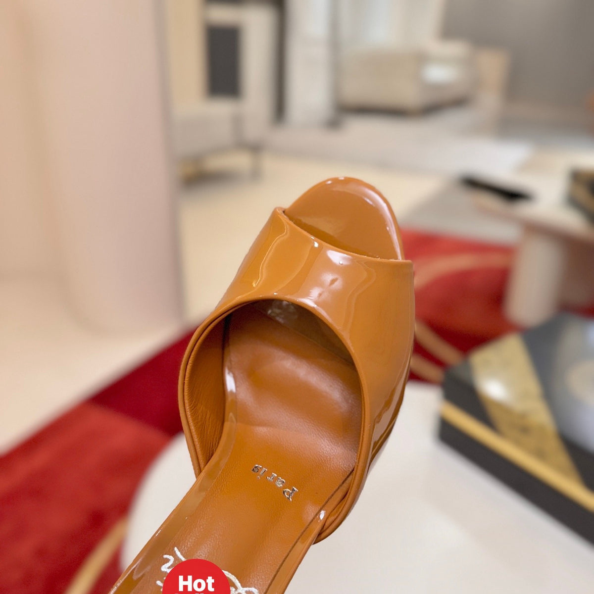 Dark brown patent leather peep-toe high-heeled mules (10cm heel)