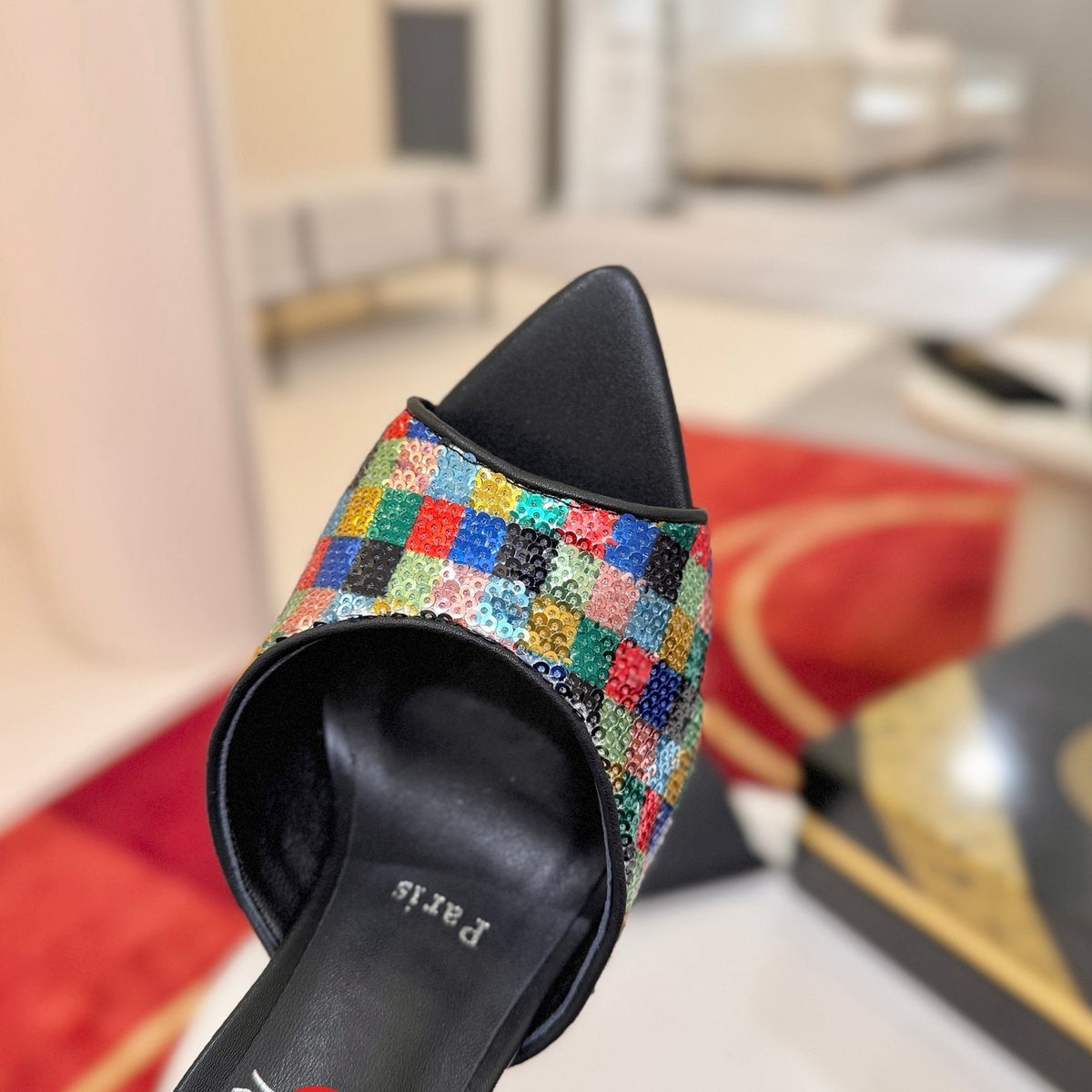 Pointed-toe sequin high-heeled mules (10cm heel)