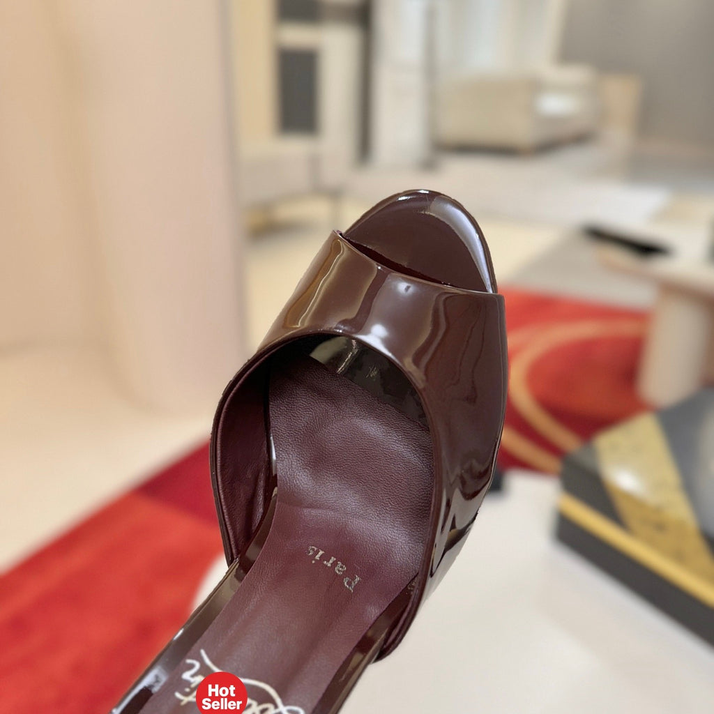 Dark-colored patent leather peep-toe high-heeled mules (10cm heel)