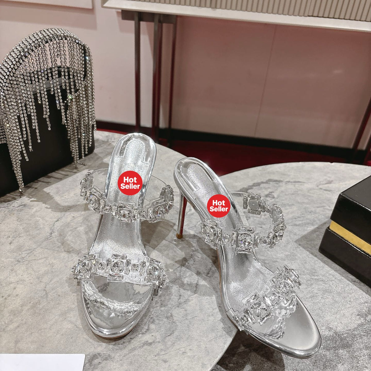 Rhinestone-embellished high-heeled mules, 10cm heel.