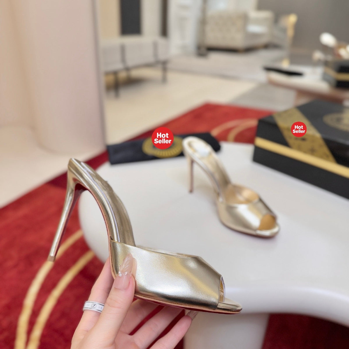 Peep-toe high-heeled mules, 10cm heel.