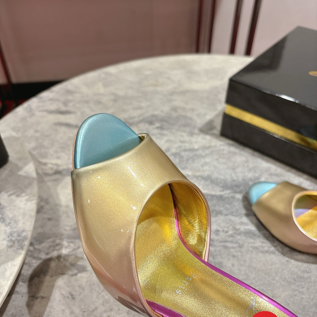 Peep-toe colorful high-heeled mules, 10cm heel.