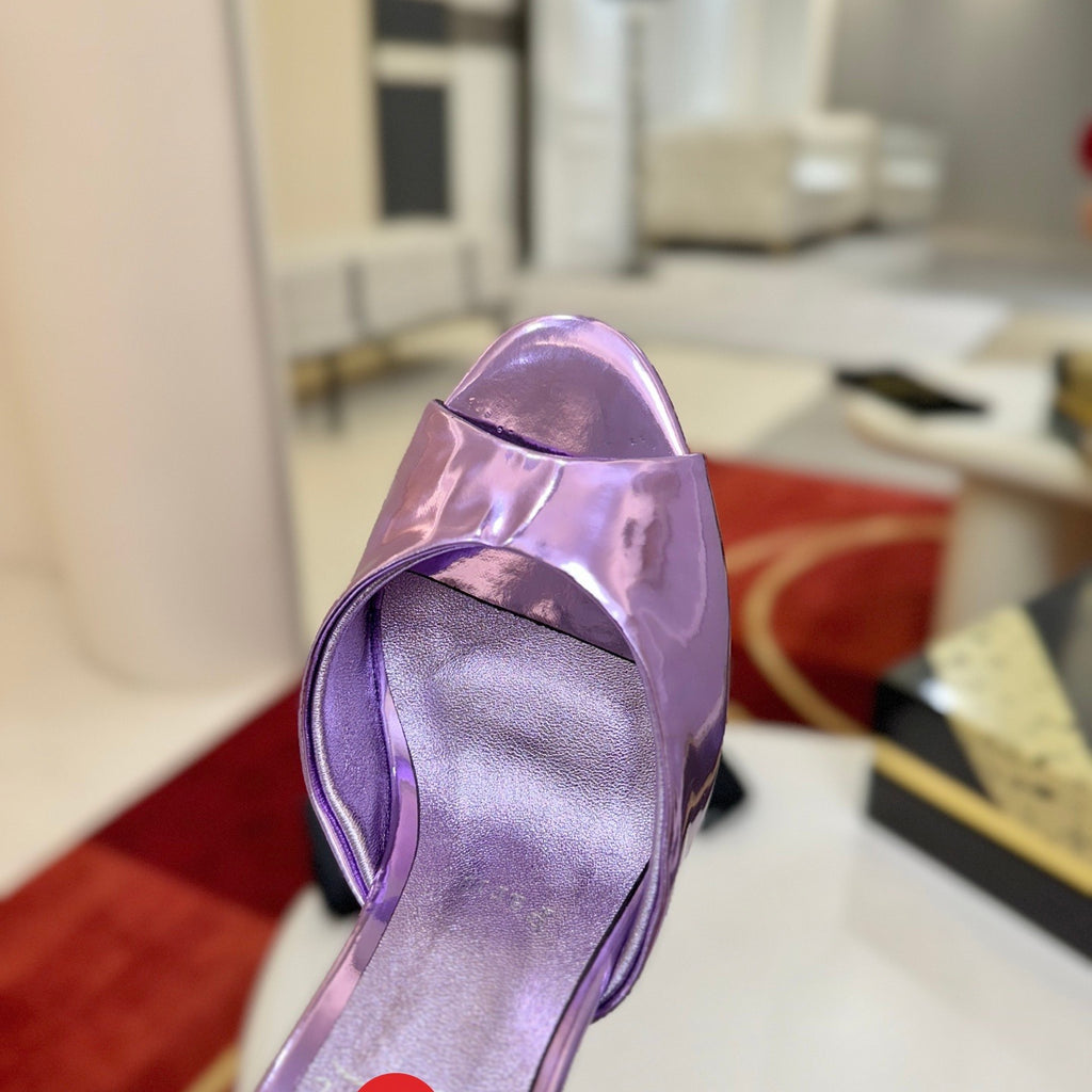 Purple peep-toe high-heeled mules, 10cm heel.