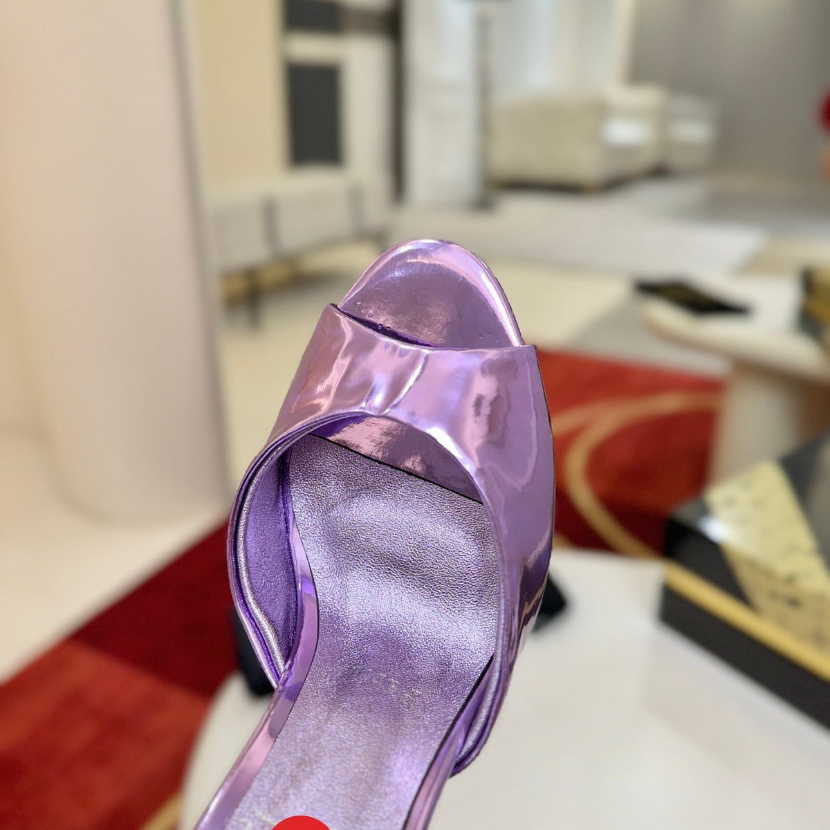 Purple peep-toe high-heeled mules, 10cm heel.